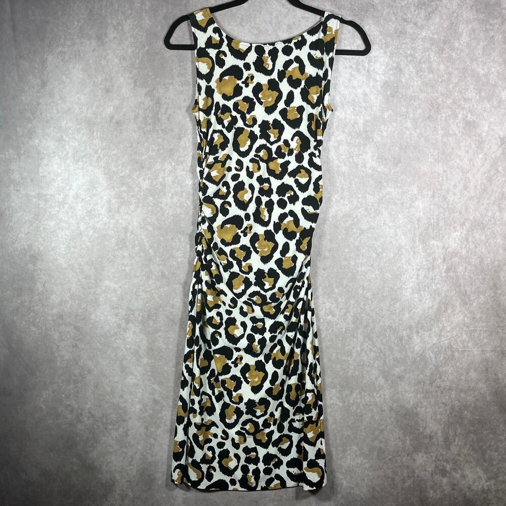 Norma Kamali Bodycon Dress Womens Small Cream Leopard Print Ruched Party Stretch
